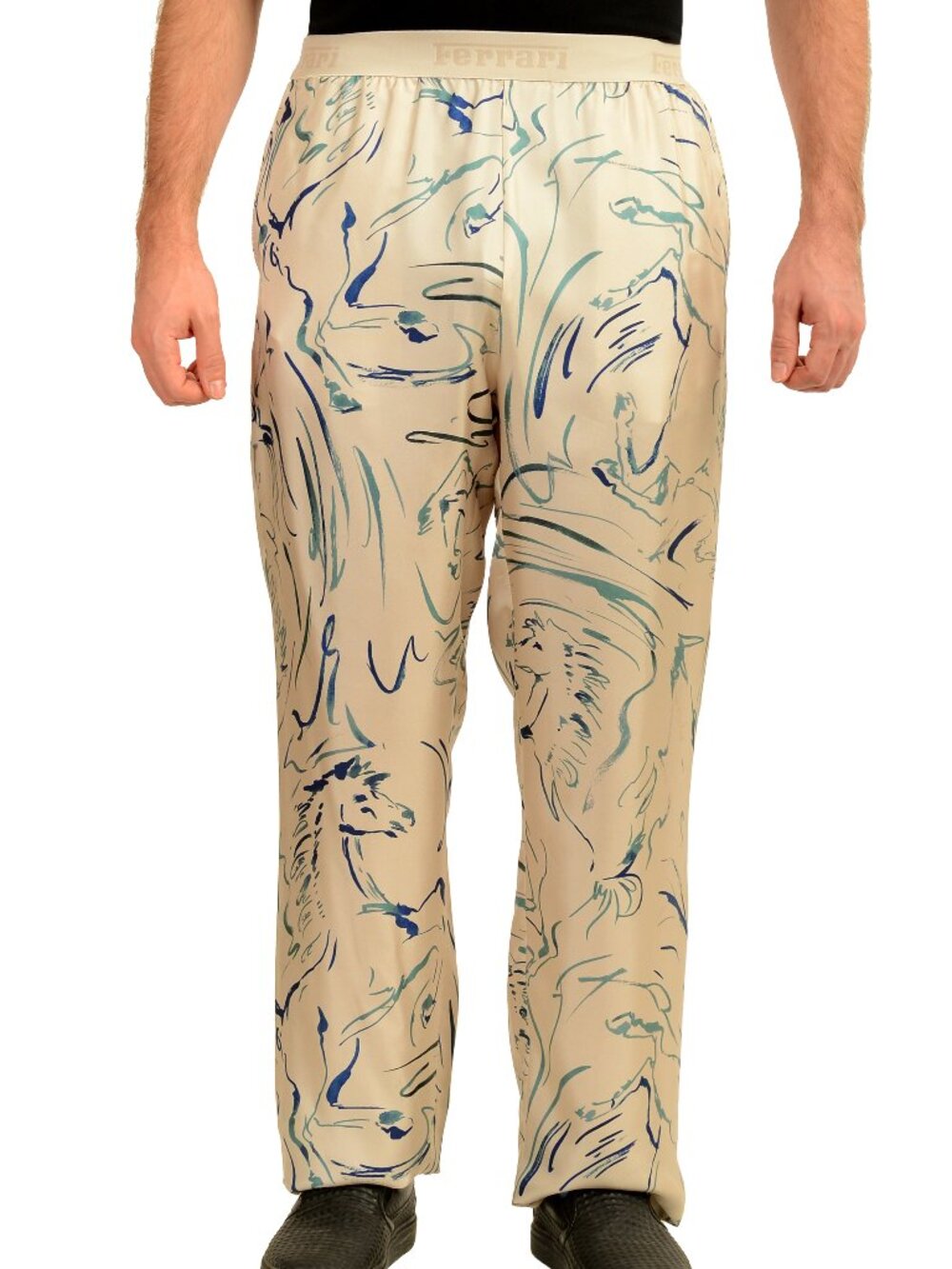 Scuderia Ferrari Men's Cavallino Print 100% Silk Wide Leg Pants US XS IT 46